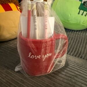 Rae Dunn Red Valentine’s “love you” Mug w/ love notes pad & Rae Dunn pencils